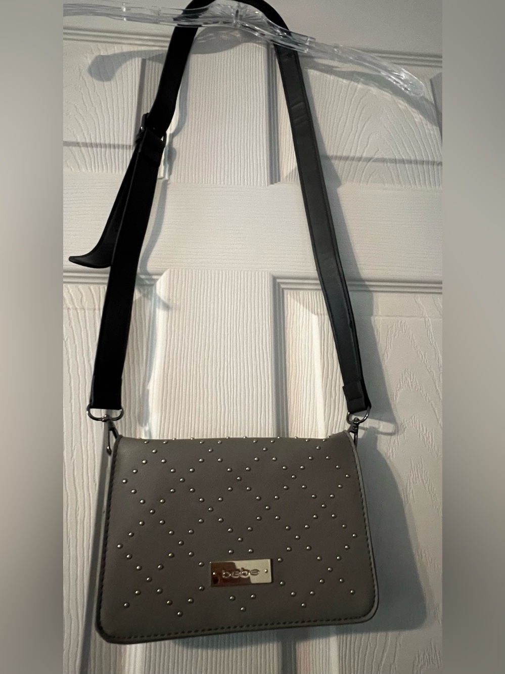 bebe Gray Studded Crossbody with Black Strap